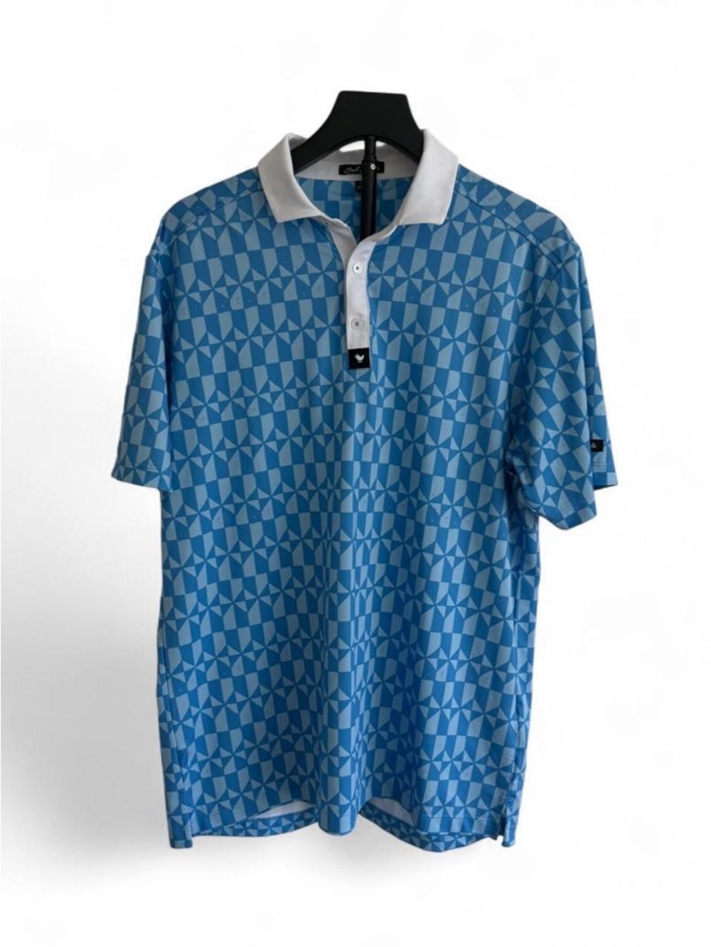 Bad Birdie Men's Polo Shirt Blue White Geometric Short Sleeve Collared Button